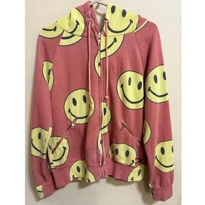 Aviator‎ Nation Smiley Face All Over Print Zip Up Hoodie Pink Coral Mens Medium